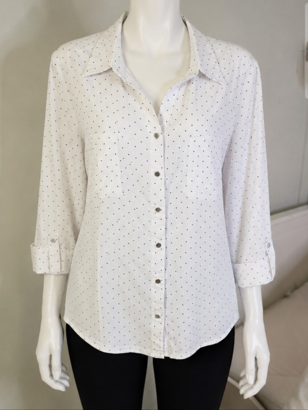 Emily Daniels White Black Polka Dot Button Front Shirt Women's Large Roll Tab To